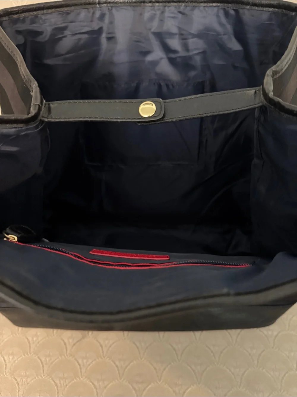 Tommy Hilfiger Black brown striped Tote with Gold Logo Medallion